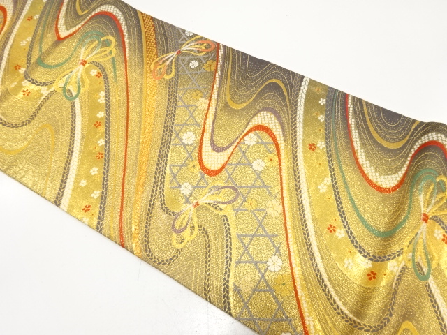 JAPANESE FUKURO OBI FOR FURISODE / WOVEN FLOWER & KUMIHIMO CORD PATTERN